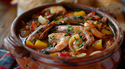 Traditional seafood stew in clay pot