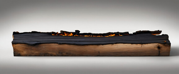 Burnt wooden plank. Wood darkened by flames, combustion. Banner format, cut out, white background. Pyromania, burning, heat, fire, burning wood, embers.