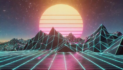 80s retro futuristic sci fi background retrowave vj videogame landscape with neon lights and low poly terrain grid stylized vintage cyberpunk vaporwave 3d render with mountains sun and stars 4k - obrazy, fototapety, plakaty