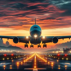 A middle airliner preparing to take off with its landing gear down at dusk or morning from an airport runway.