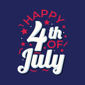 Happy 4th of July typography banner to celebrate American Independence Day. Fourth of July logo, banner, poster, greeting card with United States flag, stars. Red and blue color. Vector illustration.