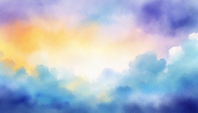 colorful watercolor background of abstract sunset sky with puffy clouds in bright rainbow colors of blue purple yellow and soft white center blur