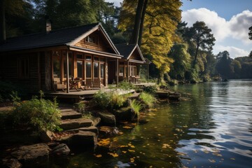 Fototapeta na wymiar Cabins on lake shore surrounded by water, trees, and natural landscape