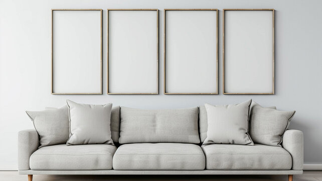 Poster wall frame mockup with white sofa