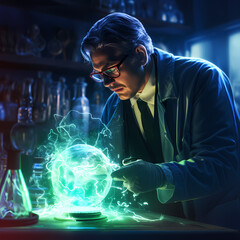 Close-up of a scientist examining a glowing substance