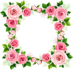Floral frame with pink rose flowers. Vector roses card design