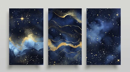 Three vertical panels depicting abstract representations of a starry night sky with luxurious gold leaf accents