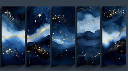 A panoramic collection of abstract paintings inspired by the enchanting visuals of galaxies in the night sky with gold details