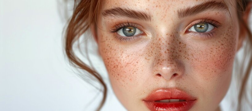 Portrait of a Young Woman with Freckles and Striking Eyes. Generative ai