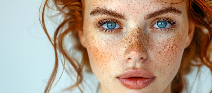 Portrait of a Young Woman with Freckles and Striking Eyes. Generative ai
