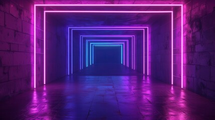 This inviting neon tunnel leads the eye through a brick-lined room lit by a gradient of pink and blue hues