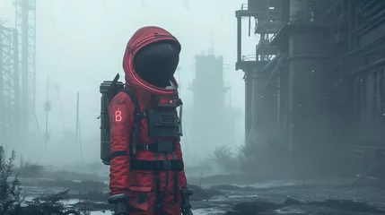 Tuinposter A lone astronaut in a red space suit wandering through foggy post-apocalyptic industrial ruins reflecting solitude © Maximilian
