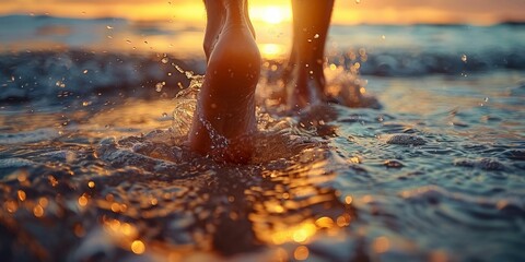 Walking Barefoot on the Beach at Sunset. Generative ai