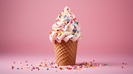 Soft serve ice cream cone with white frosting and multicolored sprinkles against a soft pink background