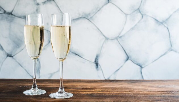 festive background with sparkling champagne in two glasses in white soft light interior on wood table and marble wall holiday drink for celebration event in restaurant copy space