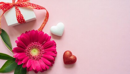 valentine s day and mother s day design concept background with pink flower and gift on pink background