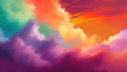 abstract art pastel rainbow sky with purple orange and green clouds in the style of vibrant stage backdrops with a dark pink and dark orange background