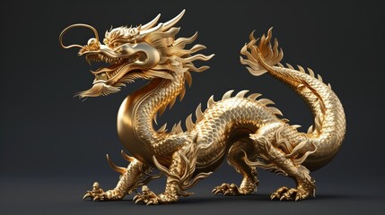 Majestic gold Chinese dragon with fiery mane and tail details emphasizing its cultural significance and magnificence on a dark background