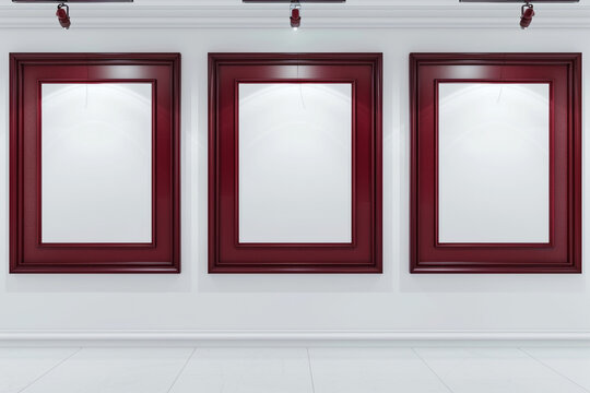 An elegant white art gallery showcasing empty blank mock-up posters within rich burgundy frames.