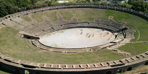 aerial view of Amphitheatre of Pompeii one of the oldest surviving Roman amphitheatres.  Pompeii,...