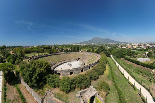 aerial view of Amphitheatre of Pompeii one of the oldest surviving Roman amphitheatres.  Pompeii, Italy