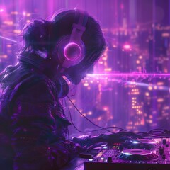 A DJ mixing tracks, headphones casting a radiant purple light, at a night party