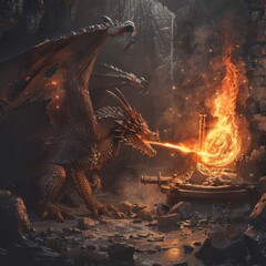 A dragon blowing fire into a forge crafting a Bitcoin - obrazy, fototapety, plakaty