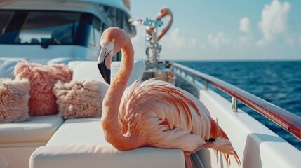 A flamingo on a yacht trading Bitcoin - obrazy, fototapety, plakaty
