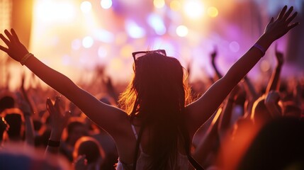 A woman at a music festival, arms raised, embracing the vibrant atmosphere as the crowd enjoys the...