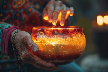 A glass artist blowing a vase with layers of color that blend and shift in the light of the setting sun