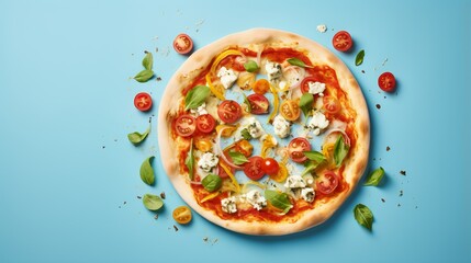 Overhead shot of a vegetable pizza with cheese on a blue background