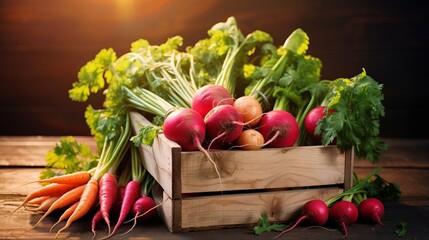 Colorful organic carrots, beetroots, and greens arranged in a rustic wooden crate under soft sunlight