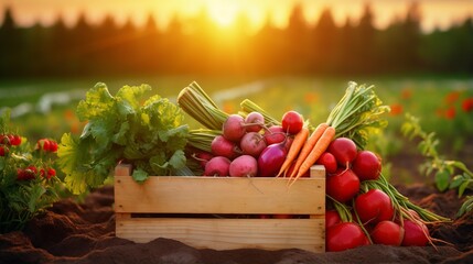 A wooden crate filled with fresh vegetables sits on soil against a backdrop of sunset, depicting farm freshness and natural