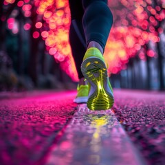 A jogger wearing glowing, lime-green shoes running along a path lined with bright, magenta trees