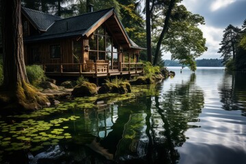 Fototapeta na wymiar A wooden cabin on a lake island surrounded by trees, water, and nature