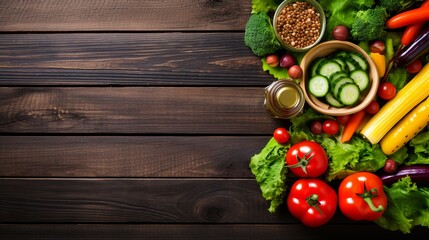 A top-down view showing a well-organized spread of vegetables and healthy snacks on a wooden board