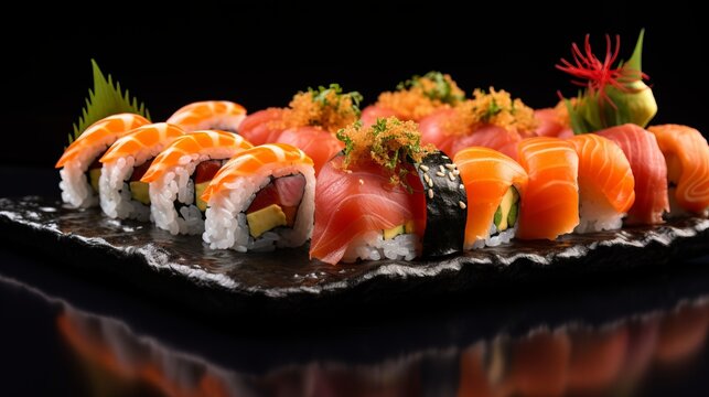 A vibrant and enticing image of fresh salmon sushi rolls arranged on a dark slate board, suitable for food and culinary topics