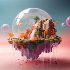 A digital artwork of a fantastical floating island encapsulated in a transparent bubble, featuring a waterfall, autumnal trees, and ethereal backdrop.