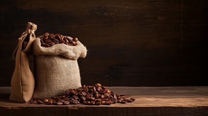 The warm tones of a burlap sack and wooden bowl brimming with roasted coffee beans on a rustic table - obrazy, fototapety, plakaty