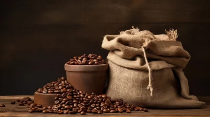  A still life composition of overflowing roasted coffee beans in a wooden bowl beside a full burlap sack © Maximilian