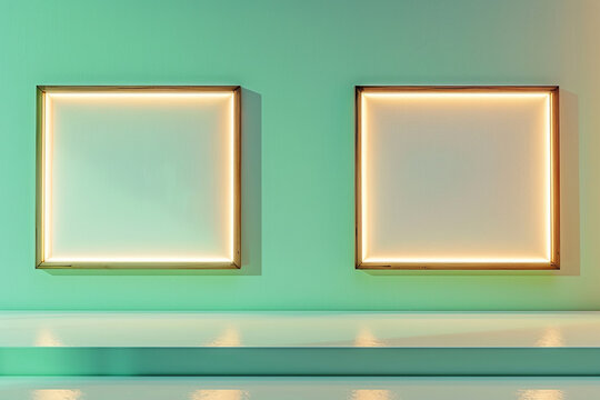 A pair of wide mockup art frames on a crisp mint green wall, each frame illuminated by a modern LED strip light. 