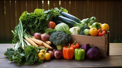 A wooden crate filled with an assortment of fresh vegetables sits on a rustic wooden table set against a wooden background