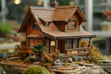 Fototapeta na wymiar A rustic brown miniature house with craftsman-style architecture, evoking a sense of nostalgia and craftsmanship.