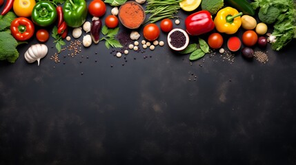 Obraz na płótnie Canvas Top view of various fresh vegetables and spices spread on a dark countertop, expressing healthy eating