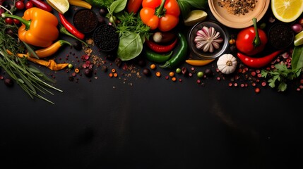Variety of raw vegetables and spices arranged on a dark surface with ample copy space, showcasing a range of colors and textures