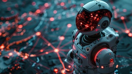 A robot analyzing glowing red firewalls on a digital map