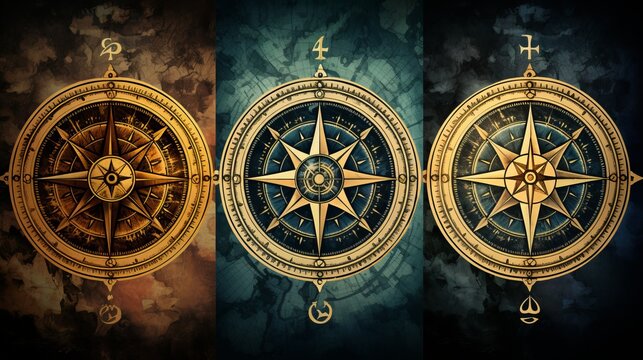 Three vintage nautical compass designs overlaid on grungy, colored backgrounds with alchemical symbols