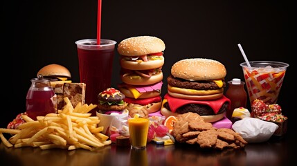 A feast for the eyes, this image is filled with fast food delights like burgers, fries and sweets against a colorful background