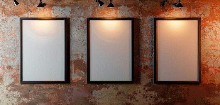 A trio of portrait-oriented mockup frames on a rustic terracotta wall, each bathed in the glow of track lighting. 