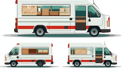 A detailed set of four perspectives of a delivery van loaded with wooden crates and boxes